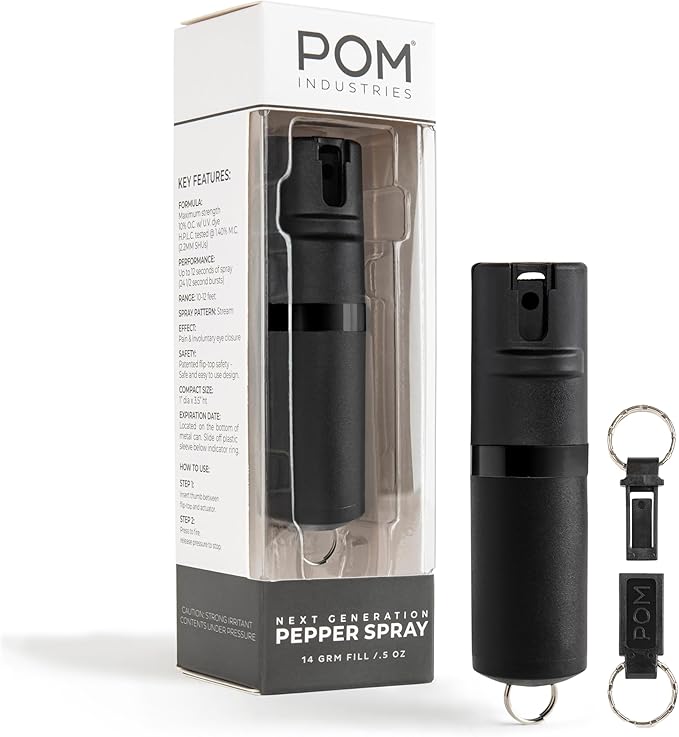 POM Pepper Spray Keychain, Quick Key Release for Instant Access, Flip Top Safety, Maximum Strength OC Formula with UV Marking Dye, 25 Bursts, 10 ft Range, 0.5 fl oz