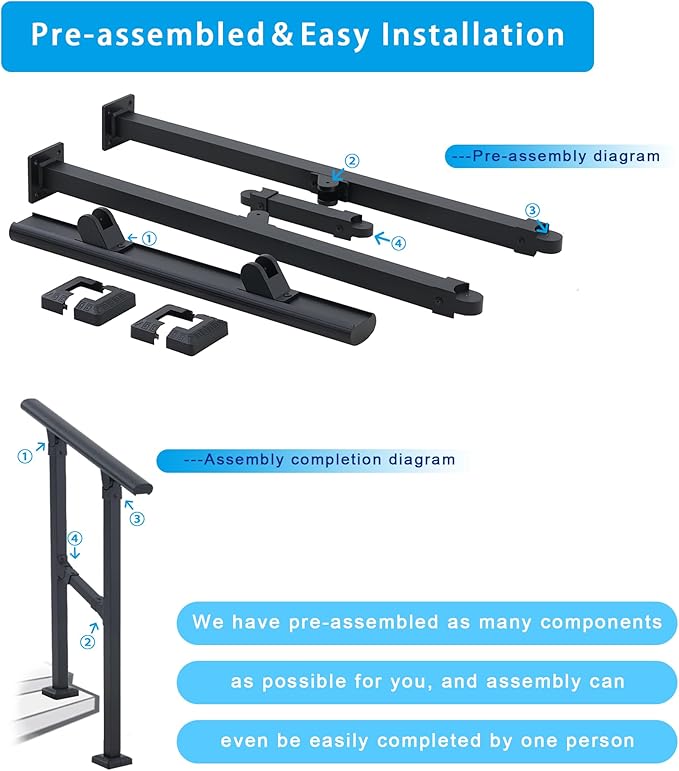 4 Steps Handrail for Outdoor Steps, Premium Aluminum Alloy Railing Set, Porch Railing Kit,Free Installation Kits Included, Used Under Harsh Weather Conditions,Rust Free for 3-4 Steps，Set of 1