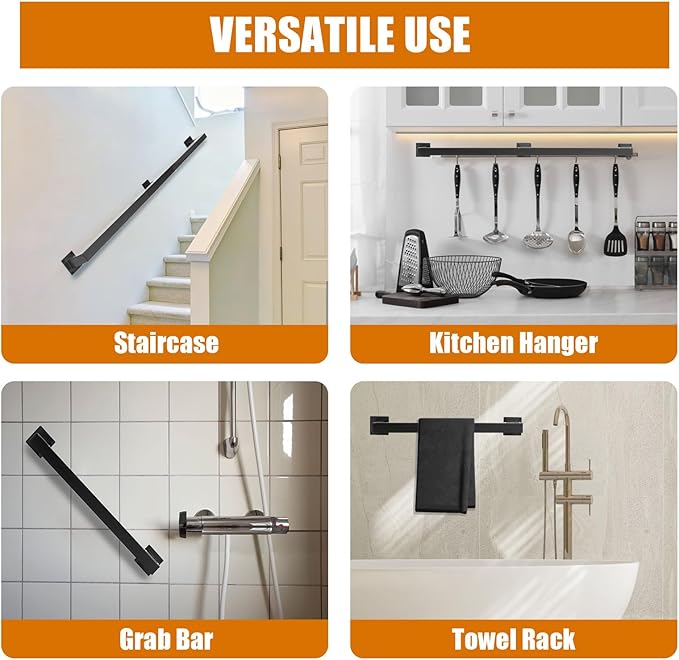 4FT Stair Handrail, Wall-Mounted Square Staircase Handrail, Stair Railing for Indoor & Outdoor Steps, Non-Slip Metal Steel Grab Bar for Stairs, Loft, Porch