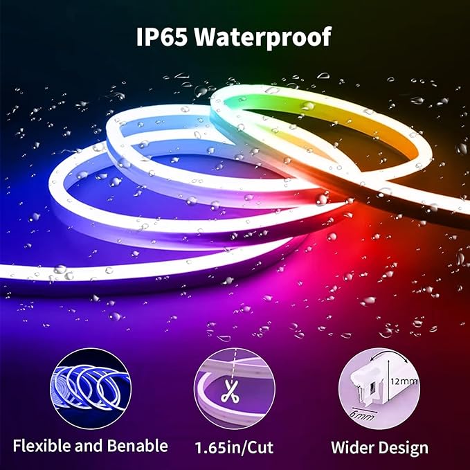 iNextStation RGB Neon LED Strip Lights, 16.4 FT Color Changing Flexible Rope Lights with Power Adapter, Control with APP & Remote, IP65 Waterproof, Music Sync Neon Light Strip for Bedroom Party Decor