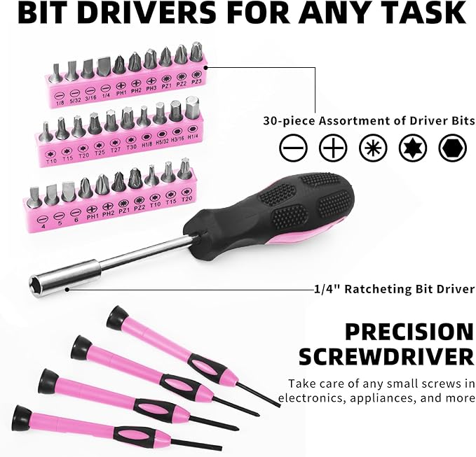 58-Piece Pink Tool Kit Basic Home Repair Tool Set, General Household Hand Tool Kit,Small Tool Kit with Plastic Toolbox Mini Tool kit for Women, Office & College Repairs