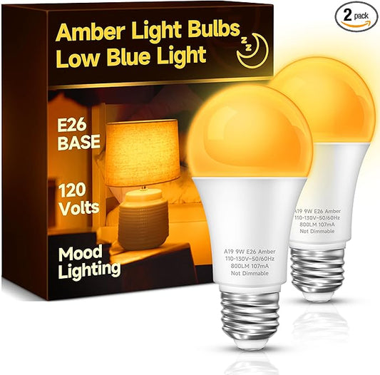 Amber Sleep Light Bulbs, Blue Light Blocking, 9W (60W Equivalent), 1800K A19 E26 Warm White Dim Light Bulb for Bedroom, Nursery, Relaxation –Eye Comfort, Better Sleep