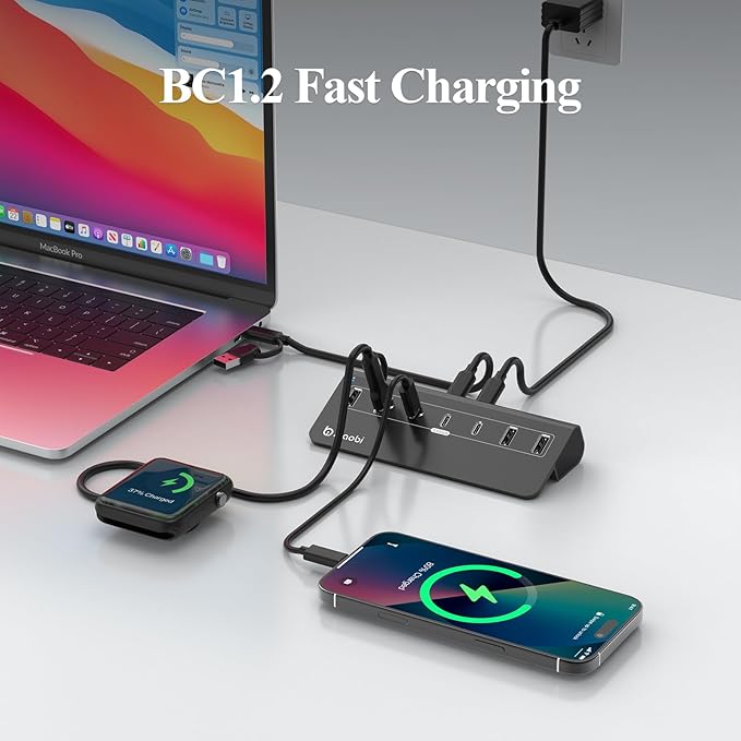USB C Hub,Powered USB Hub with 5V 3A Power Adapter, 10Gbps USB Splitter with 4 USB-A and 3 USB-C Ports, 7-Port Type C Multiport Adapter for MacBook Air/Pro, iPhone 16/15, Laptop and More(Black)