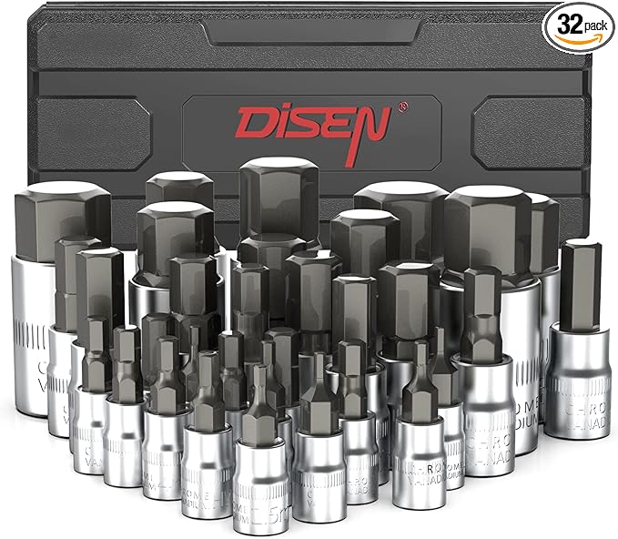 DISEN 32-Piece HEX Bit Socket Set, SAE & Metric Allen Wrench Socket Set with Enhanced Storage Case, Premium Heat Treated Chrome Vanadium Steel & S2 Alloy Steel