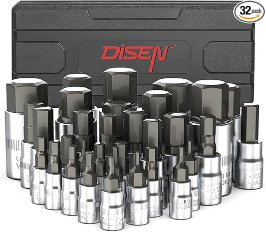 DISEN 32-Piece HEX Bit Socket Set, SAE & Metric Allen Wrench Socket Set with Enhanced Storage Case, Premium Heat Treated Chrome Vanadium Steel & S2 Alloy Steel