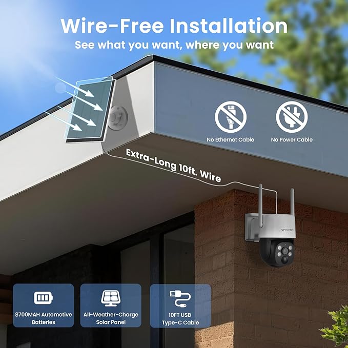 XMARTO 100% Wire-Free Solar PTZ Home Security Camera System Wireless, 10-Set 2K 4MP QHD CCTV Camera Kit with 4K 10CH Expandable WiFi NVR and Past 90-Day Video Storage, All-Weather Solar Charge