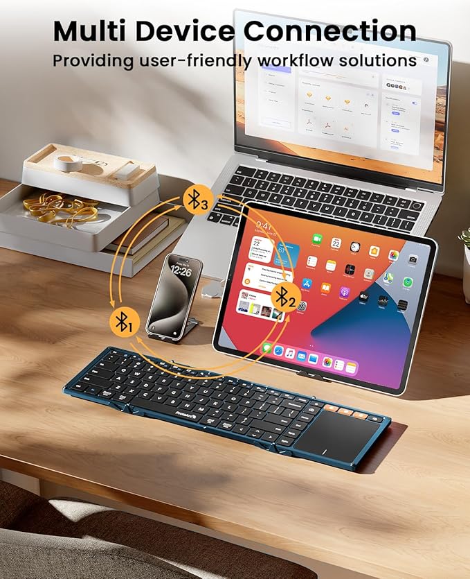 ProtoArc Foldable Keyboard with Touchpad, XK01 TP Folding Portable Keyboard, Full Size Keys, Large Trackpad Bluetooth Travel Keyboards for iPad Laptop PC Tablets - Blue