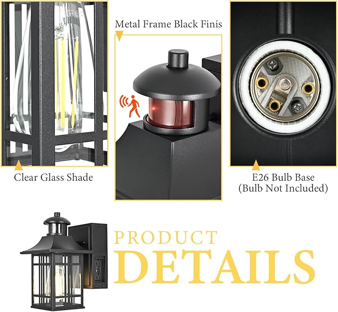 Motion Sensor Porch Light with Outlet, Outdoor Wall Lights Exterior Dawn to Dusk Outdoor Light Fixture with Outlet for House Patio Garage