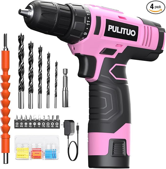 PULITUO 12V Pink Cordless Drill Set Power Drill Kit with Battery and Charger,electric drill home improvement,3/8-Inch Keyless Chuck,Built-in LED,21+1 Torque Setting small drill