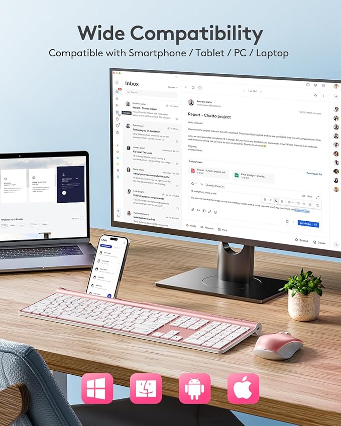 Wireless Keyboard and Mouse Combo - Samsers Ultra Slim Rechargeable Dual-Mode (Bluetooth 5.0x2 +2.4G) Silent Keyboard and Mouse Set, Multi-Device Full-Size Design for MacOS/iOS/Android/Windows - Pink