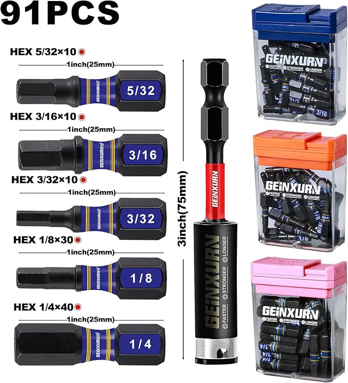 Impact Hex Screwdriver Bits Set,90 Pieces 1" Magnetic SAE (5/32",3/16",1/8",1/4") S2 Steel Multi Driver Bits and 1Pc Bit Holder with Storage Colorful Box
