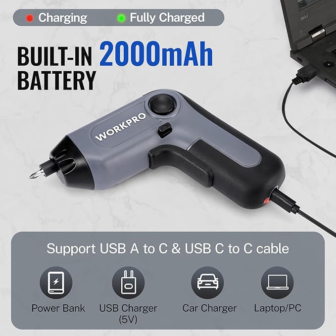 WORKPRO Electric Cordless Screwdriver with Offset Driving Shaft, 3.6V Automatic Rechargeable Screw Driver with 22PCS Bits, Battery Powered Automatic Screw Gun with LED Light & Carrying Case