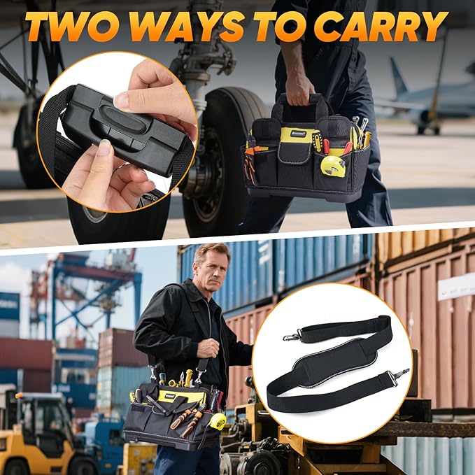 TICONN Heavy Duty Tool Bag with Multi-Pockets, Portable Tool Box Organizer Storage Bag, with Adjustable Shoulder Strap and Ergonomic Handle (Yellow, 16" Molded Base)