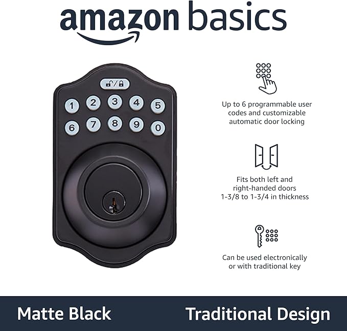 Amazon Basics Electronic Keypad Deadbolt Door Lock with Touch-Control Keyless Entry, Keyed Entry Option, Traditional, Matte Black, 1-Pack