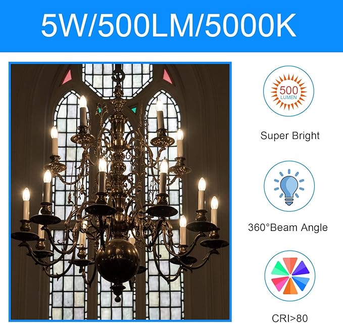 Energetic LED Candelabra Light Bulbs B10, Daylight 5000K, E12 Base, 60 Watt Equivalent Chandelier LED Edison Bulbs, Dimmable, 24 Pack