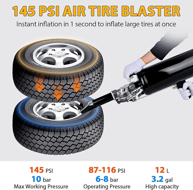 3.2Gal/12L Tire Bead Seater, 145 PSI Portable Bead Blaster Tire Inflator, Handheld Trigger Seating Inflator for Tractor, Truck, ATV, Car & Auto Repair, Black