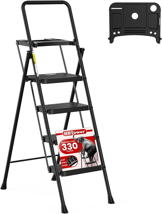 HBTower Step Ladder, Folding Step Stool with Wide Anti-Slip Pedal, Sturdy Steel Ladder, Convenient Handrail, Lightweight, Portable Steel Step Stool
