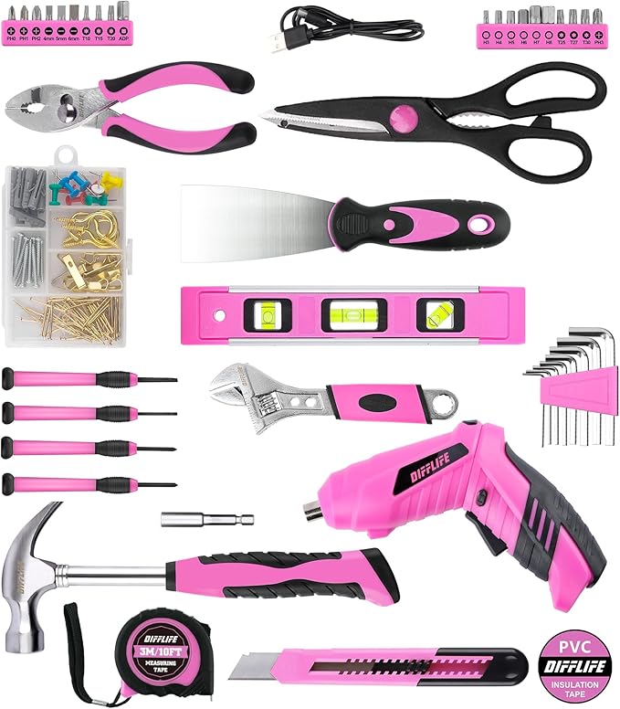 Pink Power-Screwdrivers Tool Set for Women,3.6V Power Screwdriver Cordless Rechargeable Tool Kit 143-Piece Electric Screwdriver Cordless Tool Set Pink 143PCS Tool Box