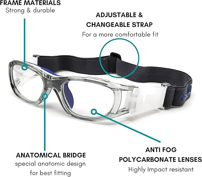 BLUE CUT Safety Basketball Goggles For Kids for Outdoor Sports Activities Anti Fog Replaceable to Prescription Lenses