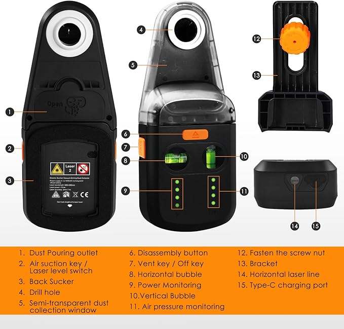 Laser Leveler Tool 4-in-1 Wall Laser Level with Line Laser, Drill Dust Collector, Electronic Vacuum Suction Cup and Wall Bracket, Rechargeable Laser Level Tool for Picture Hanging, Home Renovations