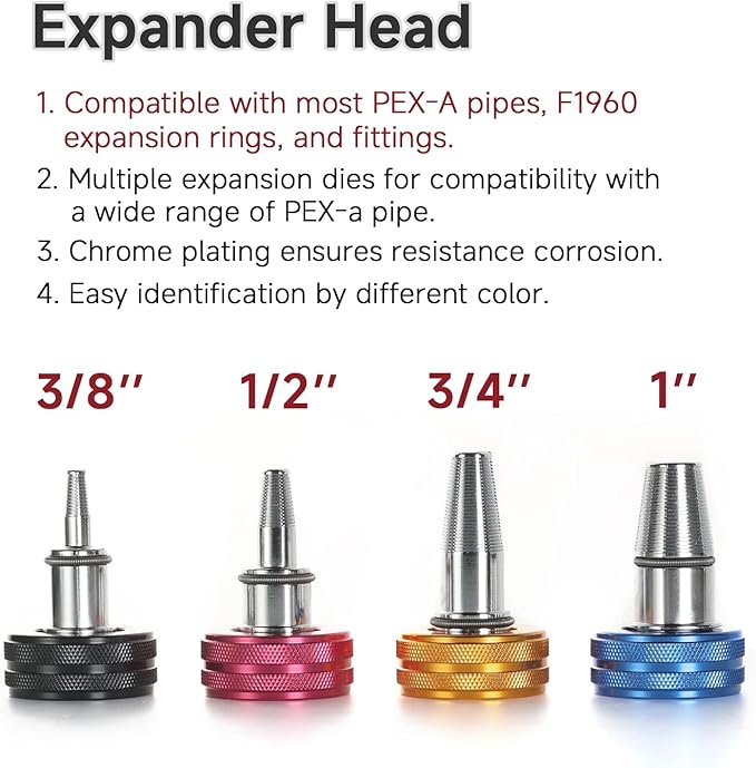 PEX Tube Expansion Tool Kit - Manual Expander with 4 Heads - Meets ASTM F1960 Standard - Includes 3/8”, 1/2”, 3/4”, 1” Expansion Heads and Tube Cutting Tool