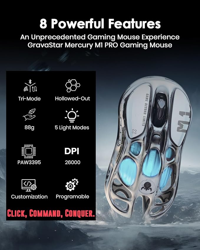 GravaStar Computer Mouse, Mercury M1 Pro Wireless Gaming Mouse with PAW3395DM Sensor, Magnesium Alloy Handcrafted Vintage Finish, 26000 DPI, 5 Programmable Buttons, Outfit with 1K & 4K Dongle