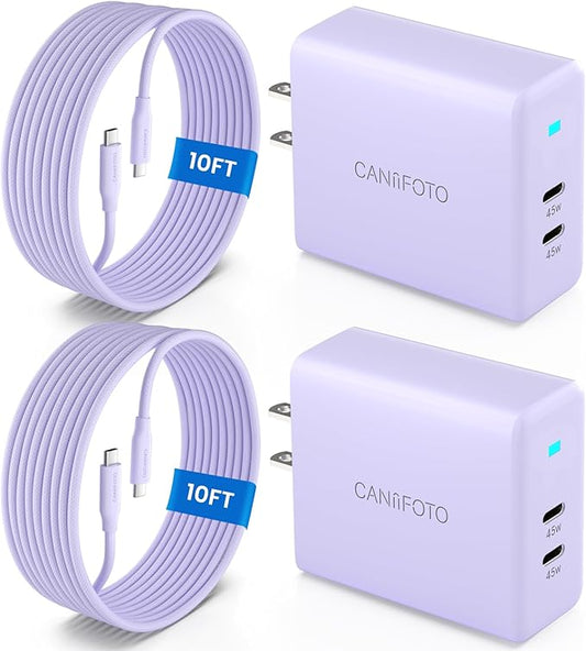2Port 45W Super Fast Charger Type C, 2Pack 45W USB-C Charger Fast Charging for Samsung Galaxy S24 Ultra/S24+/S24/S23 Ultra/S23+/S22/S20/Note10+ with 2X 10ft Type C Cord (Purple)