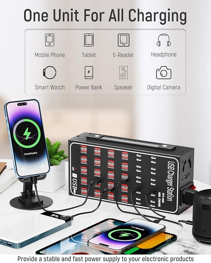 60 Port 300W(60A) USB Charging Station, Multi USB C Charger Station Block with Intelligent Protection, Desktop Charging Station for Multiple Devices, Suitable for Schools, Hotels, Shops and Malls
