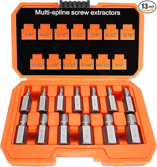 XEWEA 13Pcs Screw Extractor Set Multi-Spline Easy Out Bolt Extractor Kit, Chrome Molybdenum Alloy Steel Hex Head Bolt Remover Tool for Broken Stripped Rusted Bolts Screws Nuts