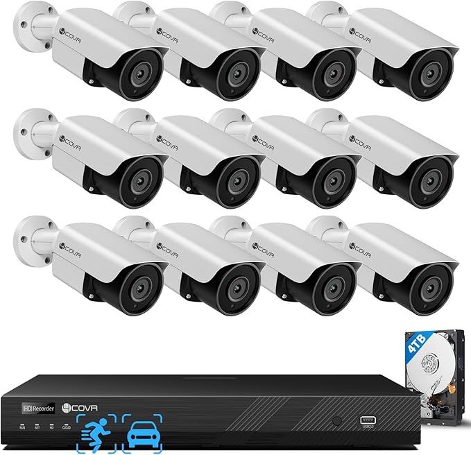 4COVR 12 Camera Security System, AI Human/Vehicle Detection, 16 Channel 4K NVR 4TB HDD, 12Pcs 5MP Wired Commercial Bullet PoE IP Camera IP67, Night Vision, Business Surveillance Outdoor, LY37EX5M1612