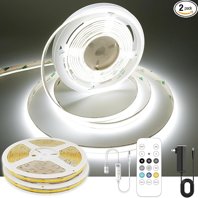 32.8ft White COB LED Strip Light, High Bright LED Strips with 320LEDs, RF Remote and UL Power Supply, 6000K Dimmable LED Lights for Bedroom, Kitchen, DIY Home Decoration, 2 Rolls of 16.4ft
