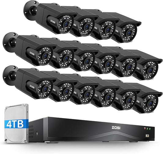 ZOSI 4K 16CH PoE Security Camera System, 16 x 8MP PoE IP Camera Outdoor Indoor with Human Detection, 100ft IR Night Vision, IP66 Weatherproof, 4K 16CH H.265+ NVR with 4TB HDD for 24/7 Audio Recording