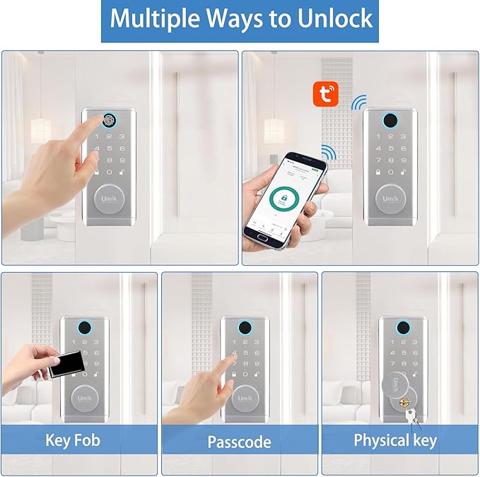 Fingerprint Smart Door Lock with Heavy Duty Handleset, Keyless Entry Door Lock, Electronic Keypad Deadbolt Locks, App Control for Front Door, Home (Matte Silver)