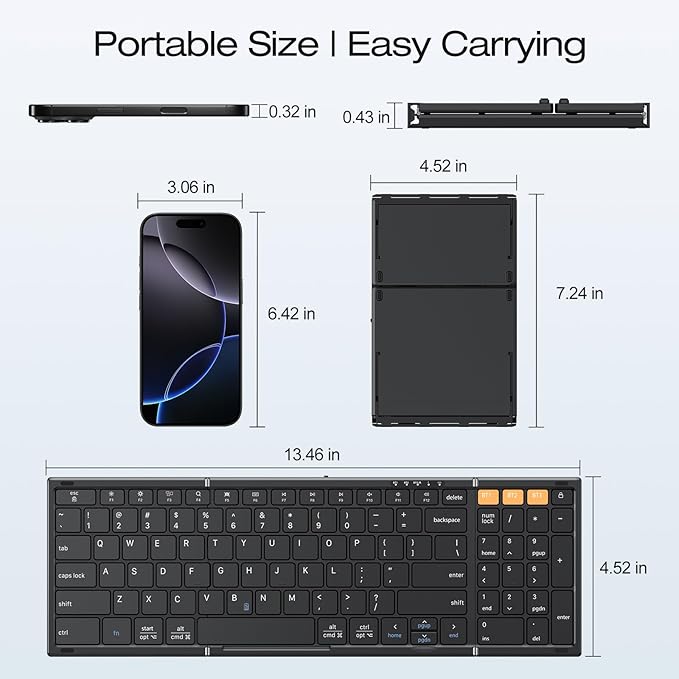 OMOTON Foldable Bluetooth Keyboard Supports Up to 3 Devices, Rechargeable Wireless for iPad iOS Android Tablet MacOS Windows Laptop PC, Full Size Folding Travel Keyboard