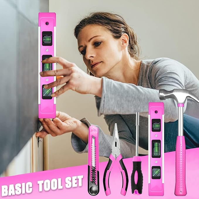 SOLUDE Pink Tool Set,130 Piece Home Tool Kit for Women with 3.6V Cordless Rechargeable Screwdriver,Basic Toolkits for New House,Apartment,College Dorm & DIY Projects