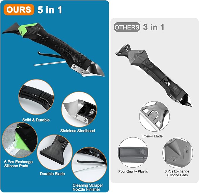 Silicone Caulking Tool,5 in1 caulk remover tool with Grout Scraper,caulking tool kit，Adhesive Residue Scraper Seam Repair Tool Kit for Kitchen Bathroom