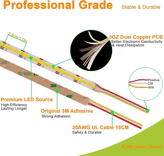 JOYLIT 24V COB CCT LED Strip Light Waterproof 16.4FT/5M 640LEDs/M 2700K-6000K, UL Listed PRO CRI 92+ LED Tape 10000lm Super Bright 90W Dimmable Warm White to Cool White Tunable Light Strip