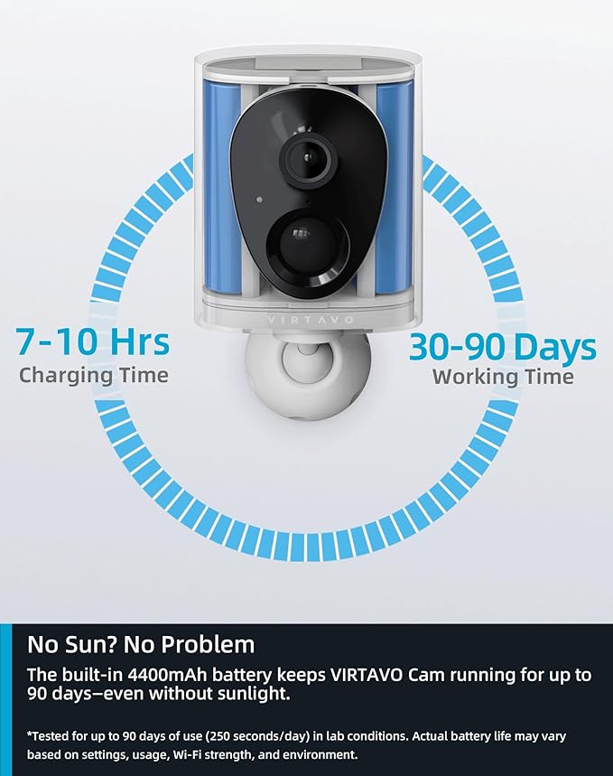 virtavo SolarFlask 2K Solar Security Cameras Wireless Outdoor, Starlight Lens, Color Night Vision, PIR Motion Detection, Battery-Powered, 2-Way Audio, Weatherproof, Cloud/SD Storage, 2.4GHz WiFi