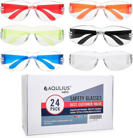 Aqulius 24 Bulk Safety Glasses for Men & Women - ANSI Z78.1 Certified - Scratch/Impact Resistant Crystal Clear Eye Protection Glasses for Construction, Shooting & More - Safety Goggles (6 Colors)
