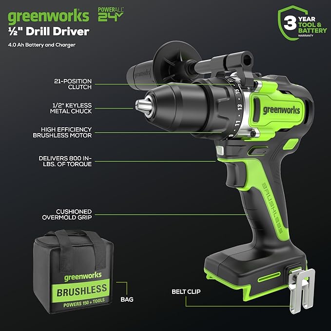 Greenworks 24V Cordless Brushless 800in-Ibs Drill & 2650 in-ibs Impact Driver Combo Kit with 4.0Ah Battery and Charger
