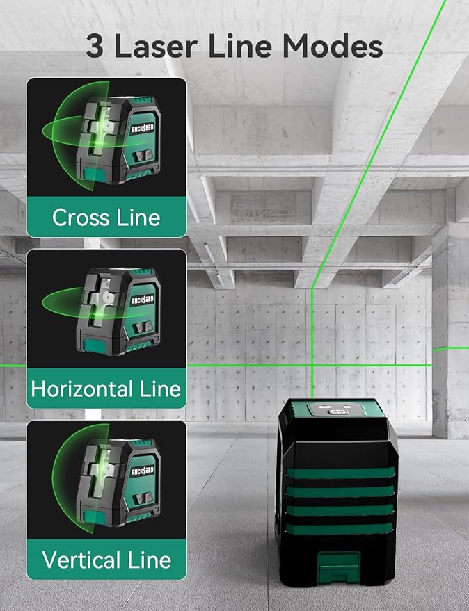 RockSeed Dual Modules Line Laser, Self Leveling Laser Level, Horizontal and 150° Vertical Green Beam, 2 AA Batteries, Carrying Bag, for Home Decoration/DIY/Construction Site