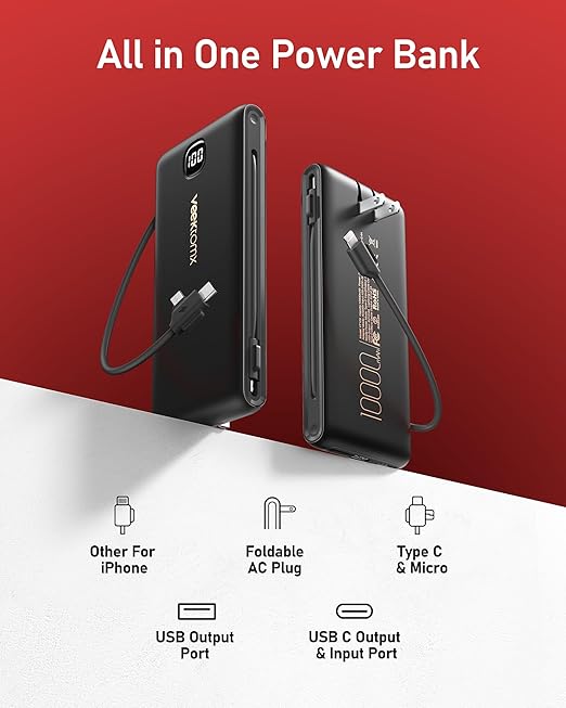 Portable Charger Power Bank Built in Cables and Wall Plug, 10000mAh iPhone Battery Pack Fast Charging, USB C External Slim Power Bank, Travel Essentials Compatible with iPhone 16 15 14 13 iPad, Black
