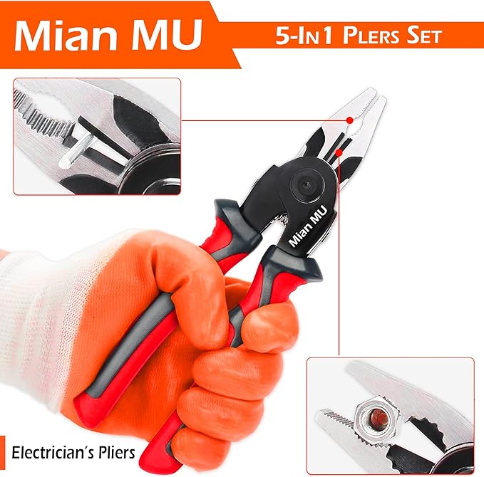 5 In 1 Tools Multifunctional Interchangeable Plier Set Wire Stripper Crimping Tool Cable Cutter Electrician Scissors, and Linesman Pliers All In One Kit with Storage Case