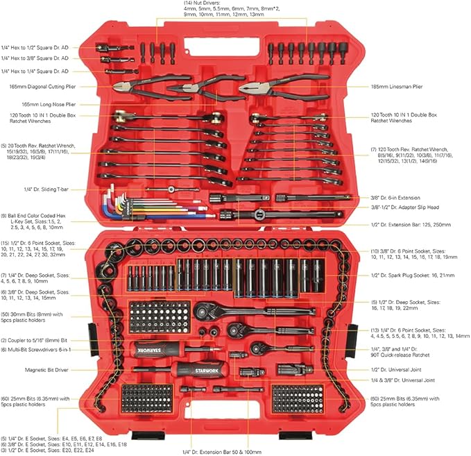 TRUE MECHANIC 305-Piece Mechanics Tool Set, 120T, 2-IN-1 Reversible Ratcheting Wrench, Professional Metric Set