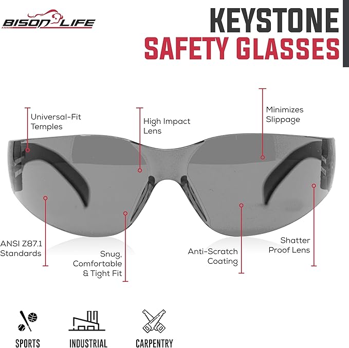 BISON LIFE Keystone Color Lens Safety Glasses | Anti Scratch | Impact Resistance | ANSI Z87.1 Standard | UV 400 Protection