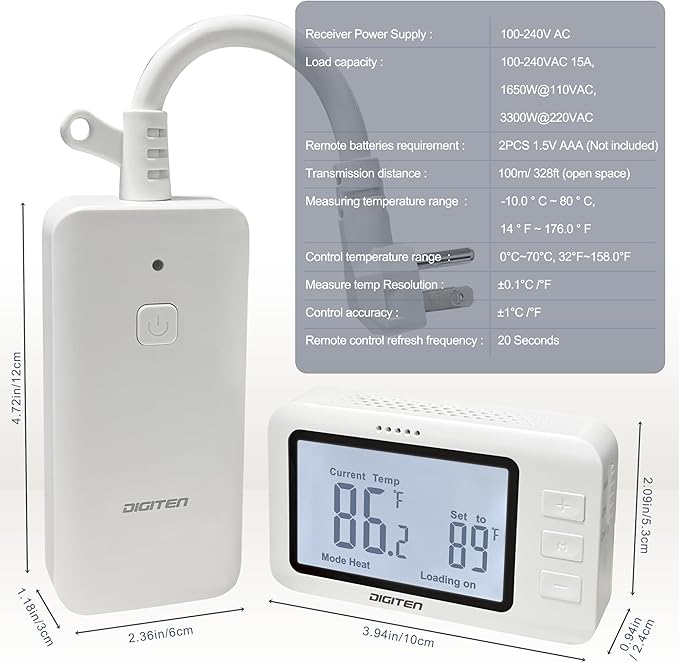 DIGITEN Wireless Thermostat Outlet Temperature Controlled Outlet with Power Cord for Heating and Cooling, Remote Control Plug in Thermostat 1800w for Space Heater, Fan, AC