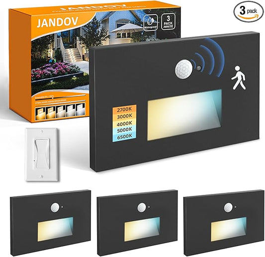 Stair Lights Motion Sensor Indoor Outdoor, 5CCT Dimmable LED Step Lamp with Switch, 4W 300LM, 2700K-6500K, IP66 Waterproof Hardwired 120V Stairway Staircase Walkway Lighting- Black, 3 Pack, ETL