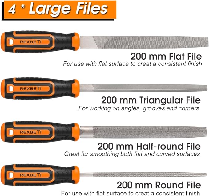 REXBETI 25Pcs Metal File Set, Premium Grade T12 Drop Forged Alloy Steel, Flat/Triangle/Half-round/Round Large File and 12pcs Needle Files with Carry Case, 6pcs Sandpaper, Brush, A Pair Working Gloves