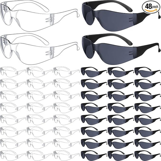 48 Pack Safety Glasses Bulk Clear Safety Goggles Black Tinted Eye Protection Glasses Anti Dust Impact Scratch Resistant Protective Eyewear for Men Women Work Lab Construction Carpentry Shooting