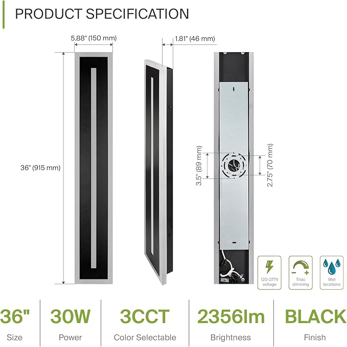 ASD LED 36" Long Wall Mount Light Fixture, Outdoor & Indoor Linear Sconce | 3CCT, Dimmable, Waterproof, Anti-Rust, ETL Listed | 30W 1850LM 3000-5000K 100-277V | Exterior Porch Lighting | Black